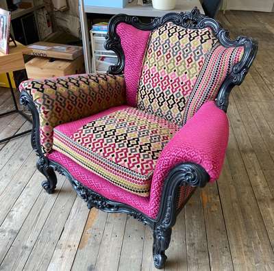 Poltrona Barocca Vintage Legno Nero Tessuti Misti <s>&euro;1100</s> - Promo &euro;690